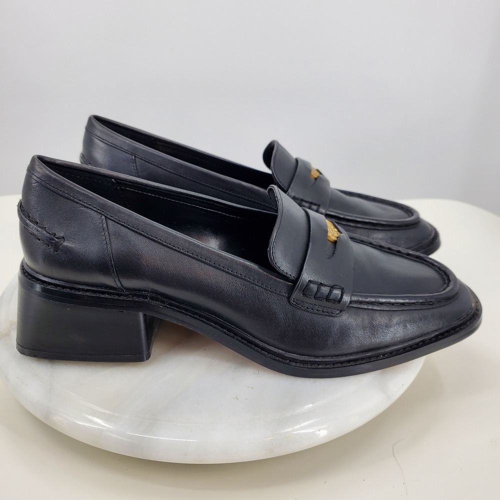 Vince Camuto Erinesa Black Leather Block Heel Penny Loafers Gold Crest Chubky - Picture 2 of 11